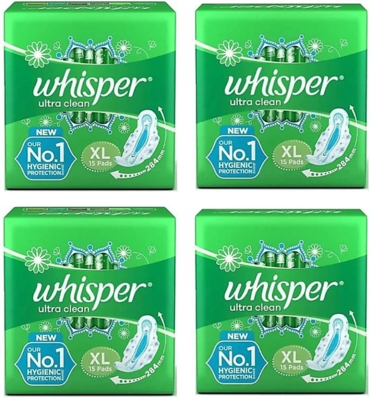 Whisper Ultra Clean Sanitary Pads For Women, X-Large , Pack of 15+15+15+15 Napkin Sanitary Pad (Pack of 60)