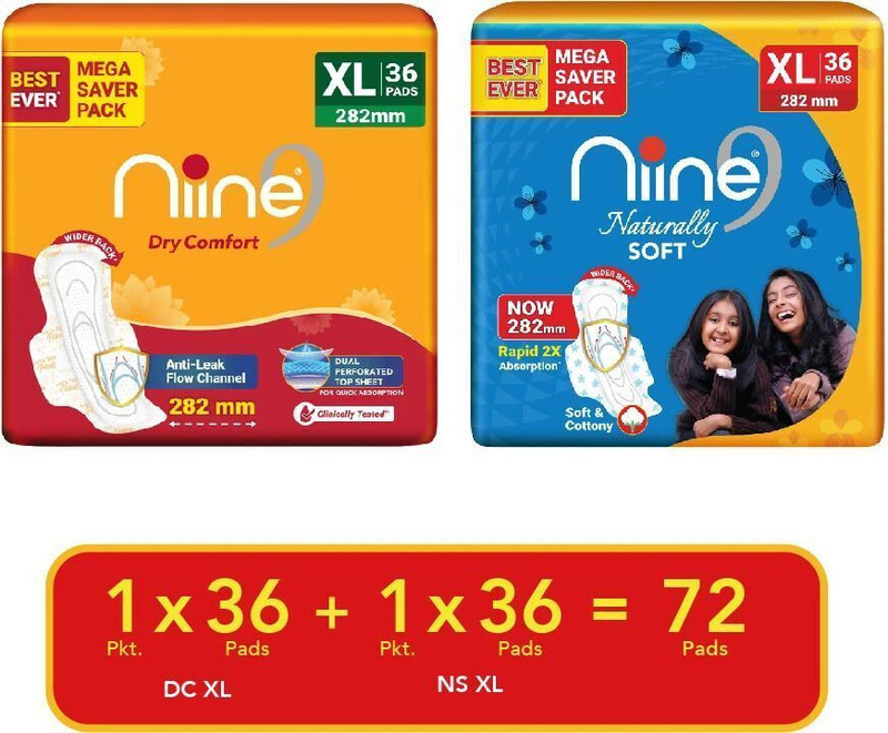 niine Dry Comfort and Naturally Soft Combo of 2|Xtra Large |Anti Leak Flow Channel Sanitary Pad(Pack of 72)