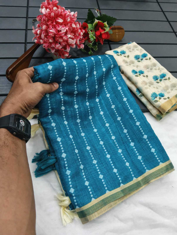Arpita Fashion Floral Print Bollywood Linen Saree(Blue)