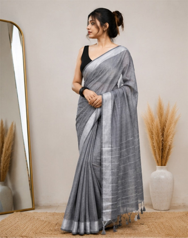 SRINJAN FASHION Solid/Plain Daily Wear Handloom Cotton Linen Saree(Grey)