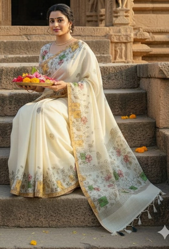 VEERA FASHION Floral Print Daily Wear Cotton Linen Saree(Cream)