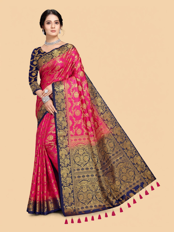 COSBILA FASHION Woven Banarasi Cotton Silk Saree(Blue, Pink)
