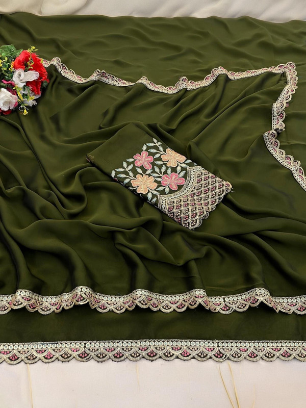K 5 FASHION Self Design, Solid/Plain, Embroidered Bollywood Chiffon Saree(Dark Green)