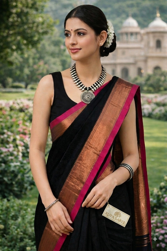 Majestic Silk Woven Banarasi Handloom Kerala Cotton Saree(Black)