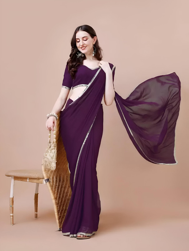 Ganesh Fashion Solid/Plain Bollywood Georgette Saree(Purple)