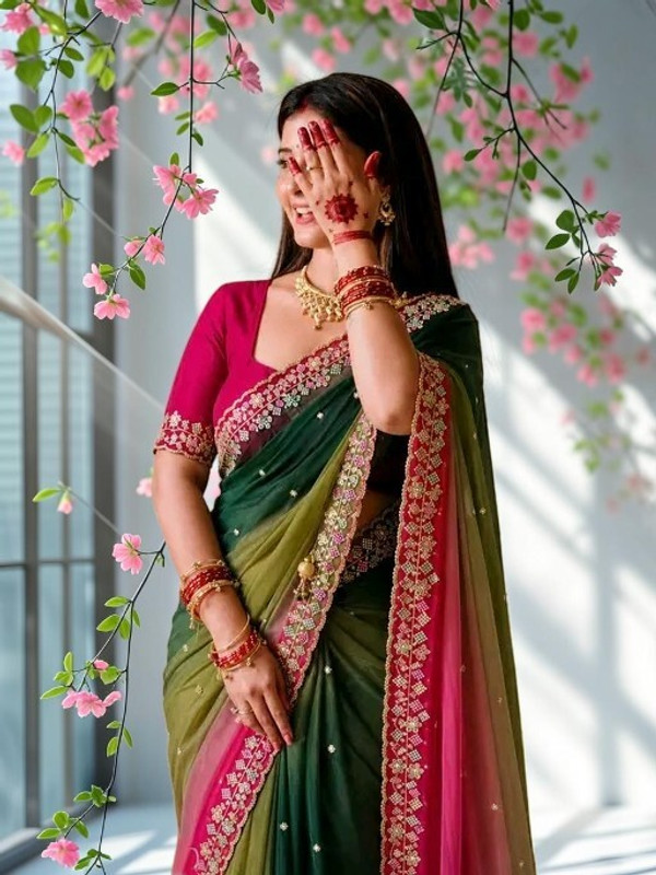 SHREE BHERUNATH FASHION Embroidered, Embellished, Floral Print Bollywood Georgette Saree(Multicolor)