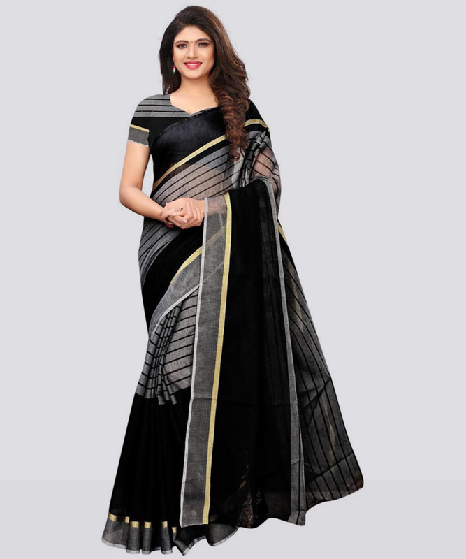 Samah Striped, Woven Banarasi Cotton Silk Saree(Black, Grey)