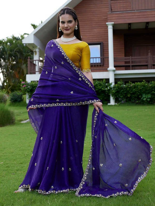 NJ FASHION Embroidered Bollywood Chiffon Saree(Purple, Yellow)