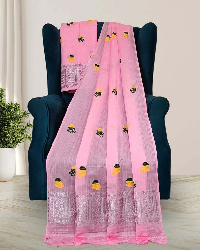 Cashing Fashion Woven Mekhela Chador Cotton Blend Saree(Pink)
