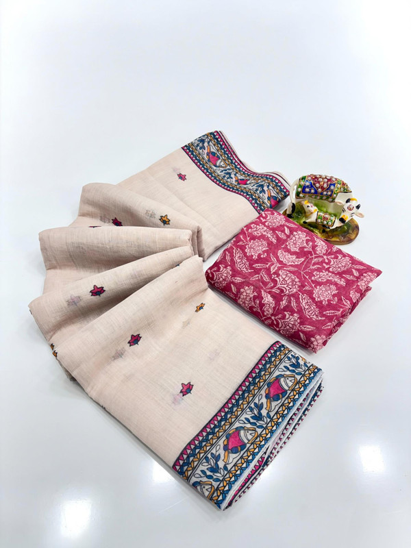 niesha fashion Floral Print, Printed Daily Wear Linen, Cotton Linen Saree(Cream)