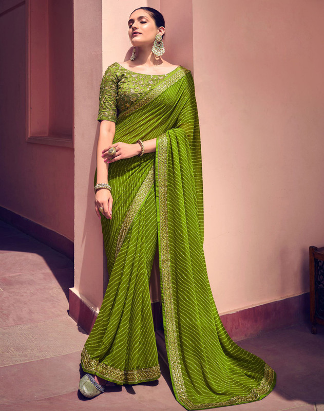 SIRIL Striped, Embellished Bandhani Georgette Saree(Green, Gold)