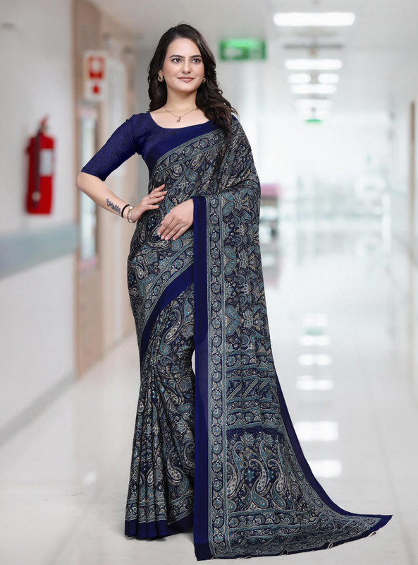 K 5 FASHION Printed Daily Wear Crepe Saree(Dark Blue, Dark Green)