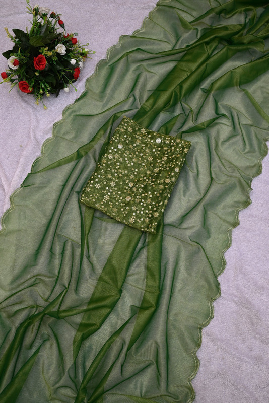KV Fashion Solid/Plain Bollywood Organza Saree(Green)