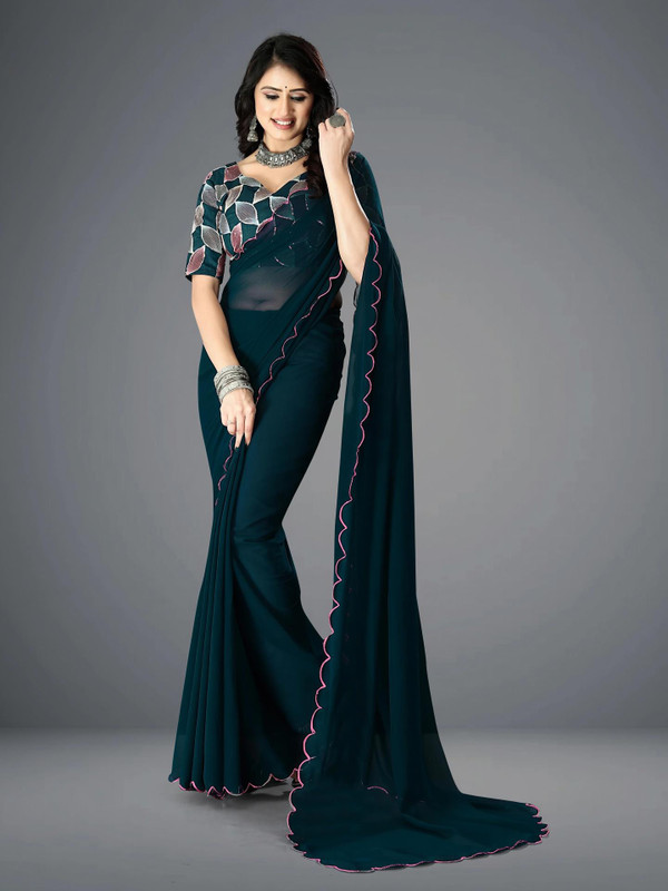 JenaFashion Embroidered Banarasi Georgette Saree(Blue)
