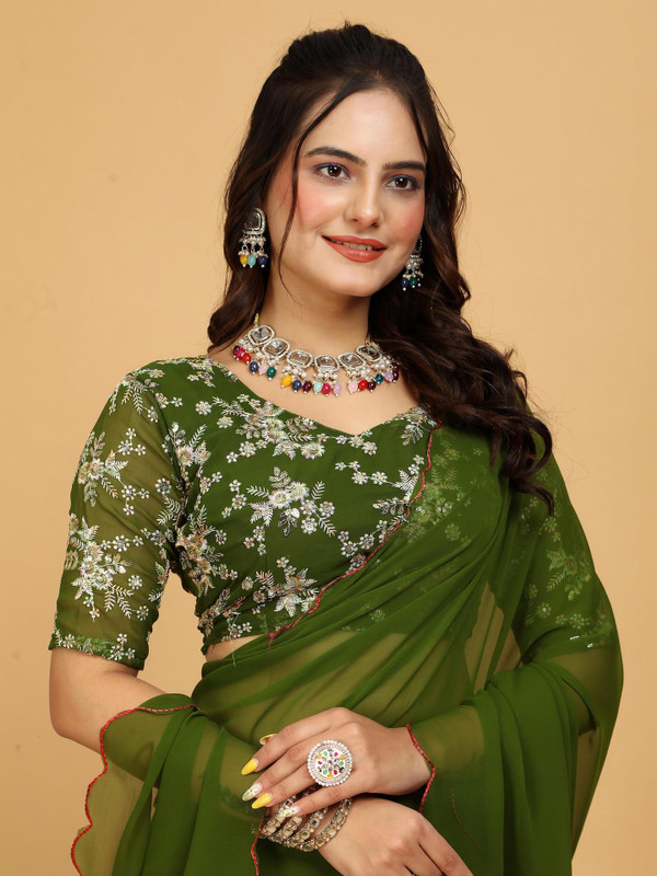 K 5 FASHION Embroidered Bollywood Georgette Saree(Green)