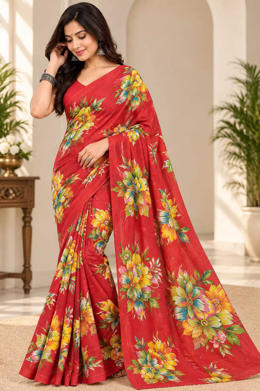 PURVANCHAL COLLECTION PRIVATE LIMITED Floral Print Bollywood Chiffon Saree(Red)