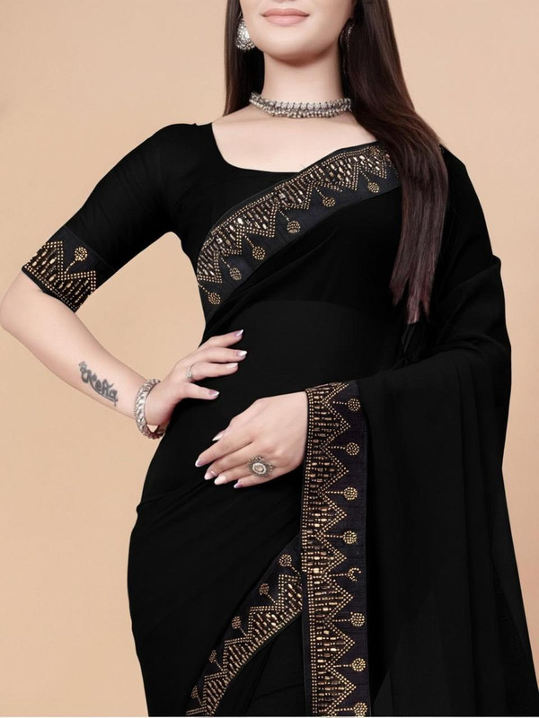 Heturaj fashion Self Design Bollywood Georgette Saree(Black)