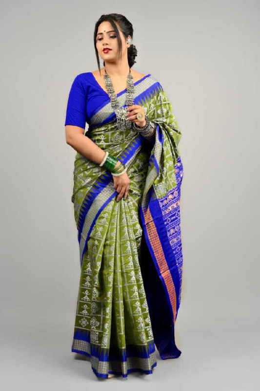 Sijileen Woven, Temple Border Sambalpuri Silk Blend Saree(Green)