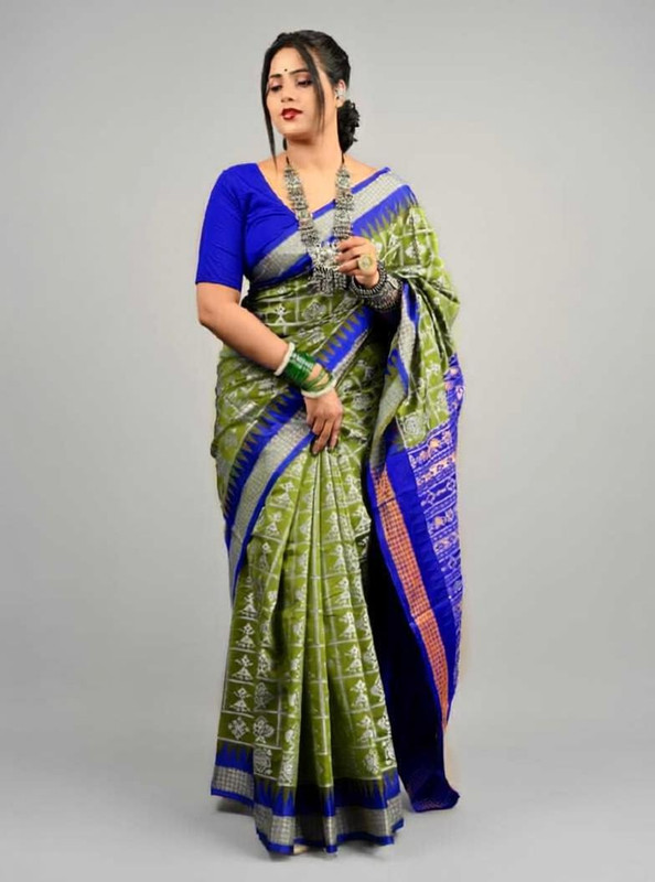 Sijileen Woven, Temple Border Sambalpuri Silk Blend Saree(Green)