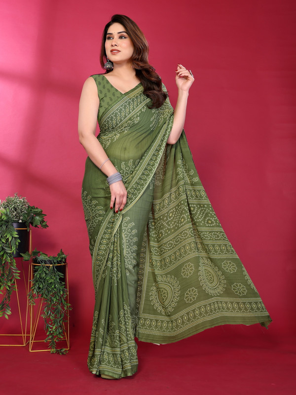 KITKET FASHION Printed Bandhani Georgette Saree(Green)