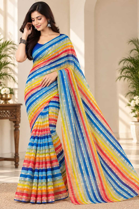 PURVANCHAL COLLECTION PRIVATE LIMITED Striped, Printed Bollywood Art Silk Saree(Multicolor)