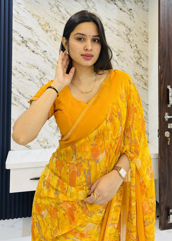 TELIRAJ.FASHION. Printed Daily Wear Georgette Saree(Yellow)