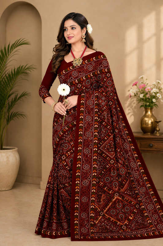 kiaan fashion Printed Hand Batik Pure Cotton Saree(Maroon)