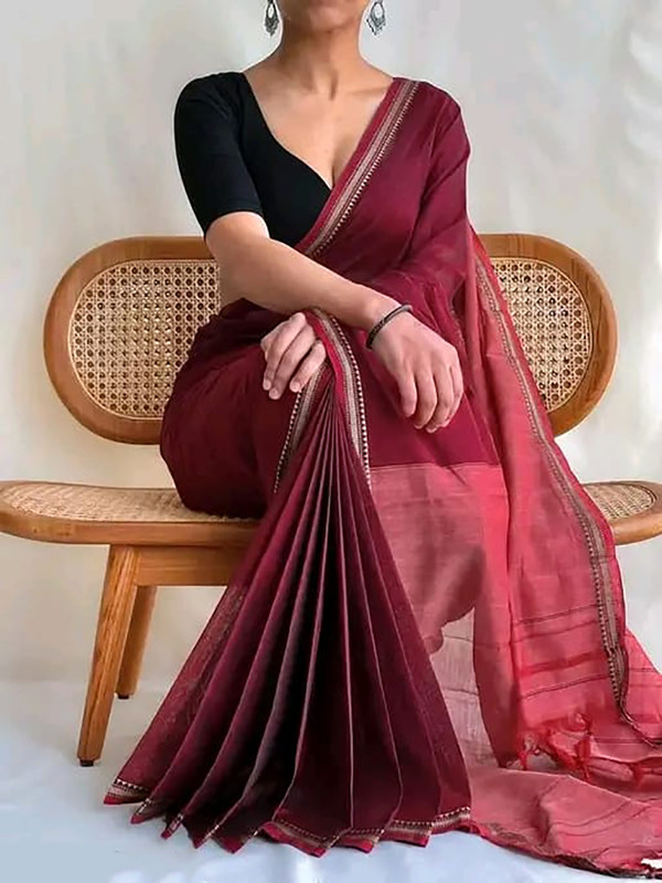 RIDDHIMAN FASHION Woven Handloom Cotton Blend Saree(Maroon) - Flat 55% Off