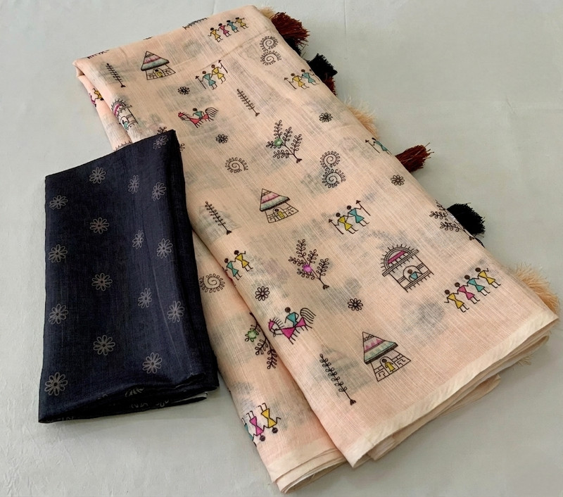VEERA FASHION Printed Daily Wear Cotton Linen Saree(Multicolor)