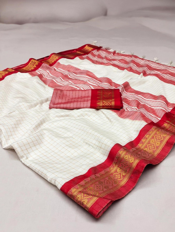 FashionPallavi Woven, Embellished, Self Design, Striped Baluchari Cotton Silk, Jacquard Saree(White, Red)