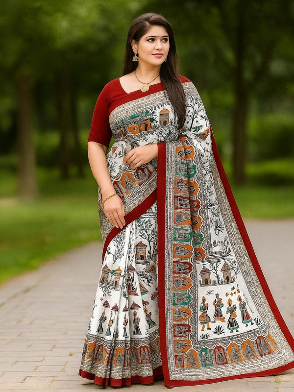 Odissi Fashion Printed Kalamkari Pure Cotton Saree(Multicolor, White)