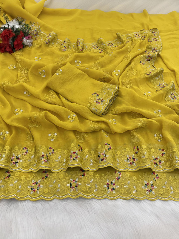niesha fashion Embroidered Bollywood Chiffon Saree(Yellow)