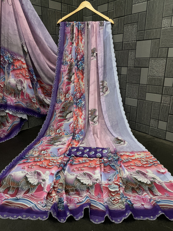 K 5 FASHION Solid/Plain, Printed, Digital Print Bollywood Georgette Saree(Purple)
