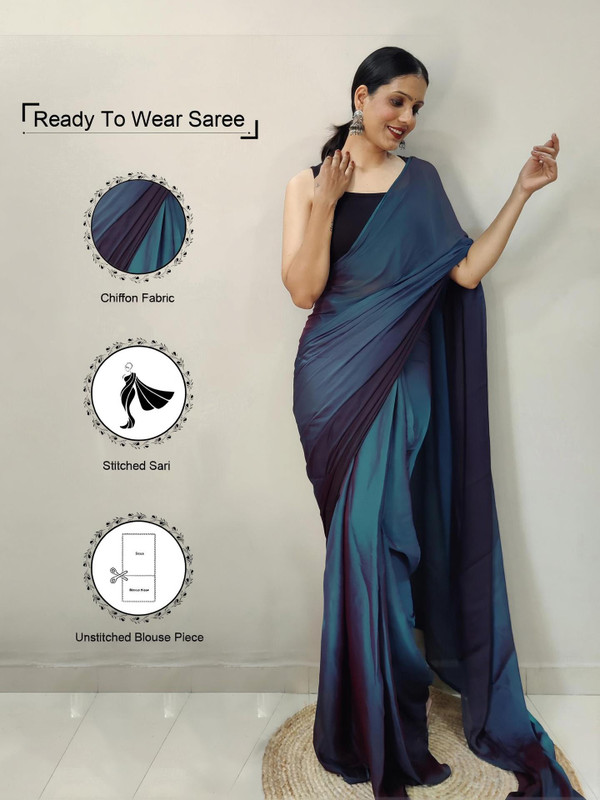 Samah Solid/Plain, Ombre, Embellished Bollywood Georgette, Chiffon Saree(Blue)