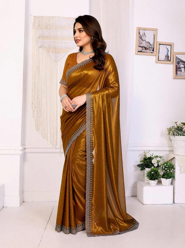 kashvi sarees Embellished, Applique, Self Design Bollywood Net, Lace Saree with Unstitched Blouse(Gold)