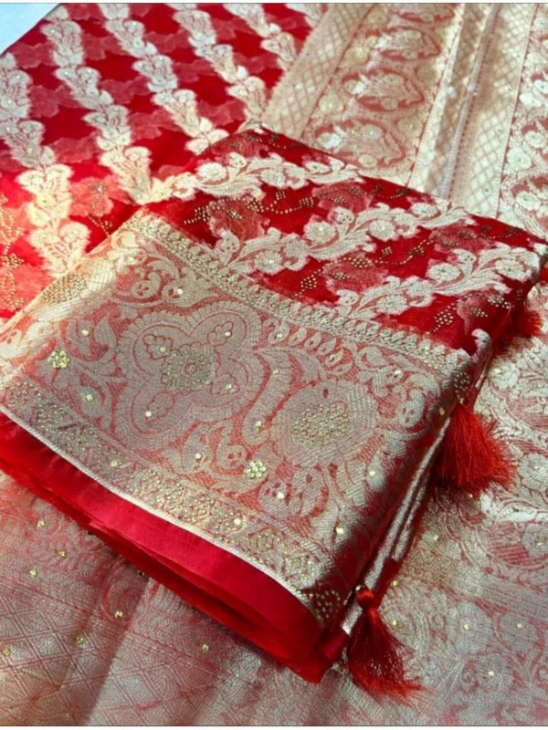 DURGA TEXTILE Printed, Self Design, Embellished, Woven, Animal Print, Blocked Printed Daily Wear Jacquard, Organza Saree(Red)