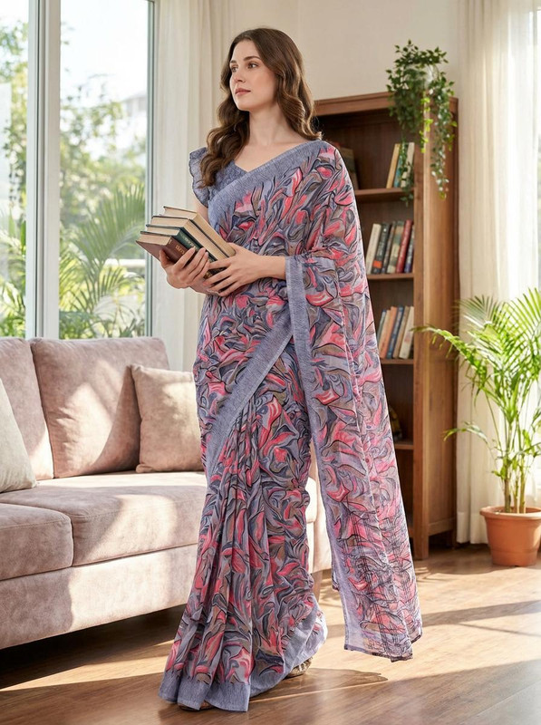 Anmi Floral Print Daily Wear Georgette Saree(Grey, Pink)