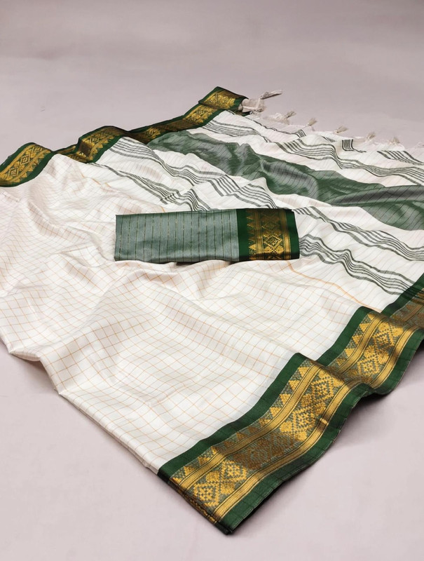 FashionPallavi Woven, Embellished, Self Design, Striped Baluchari Cotton Silk, Jacquard Saree(White, Green)