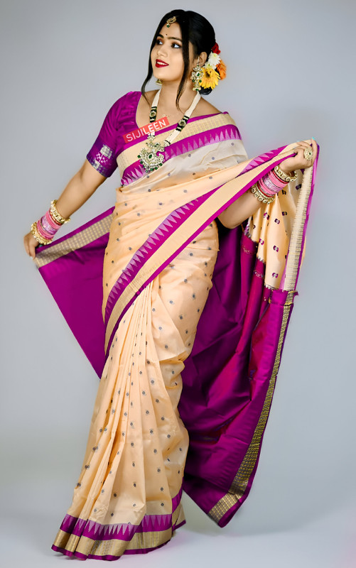 Sijileen Temple Border, Woven Sambalpuri Silk Blend Saree(Cream)