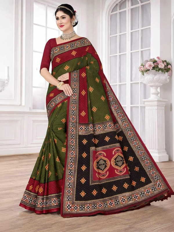 Odissi Fashion Printed Sambalpuri Pure Cotton Saree(Maroon, Brown)