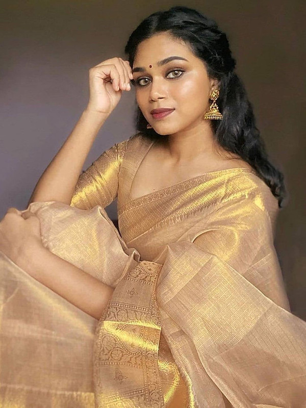 VILLAGIUS Embellished Banarasi Handloom Tissue, Pure Silk Saree(Beige)