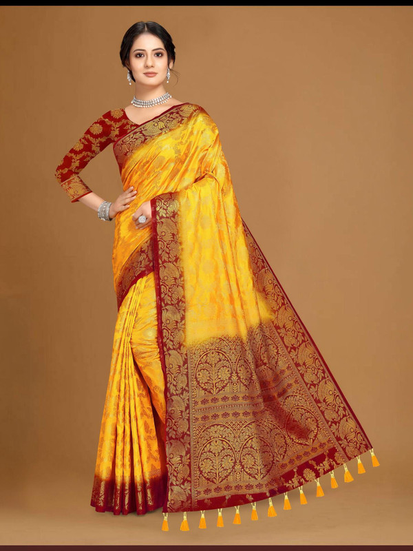 COSBILA FASHION Woven Banarasi Cotton Silk Saree(Yellow)