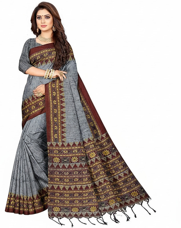 Padma Self Design, Printed Sambalpuri Pure Cotton Saree(Grey)