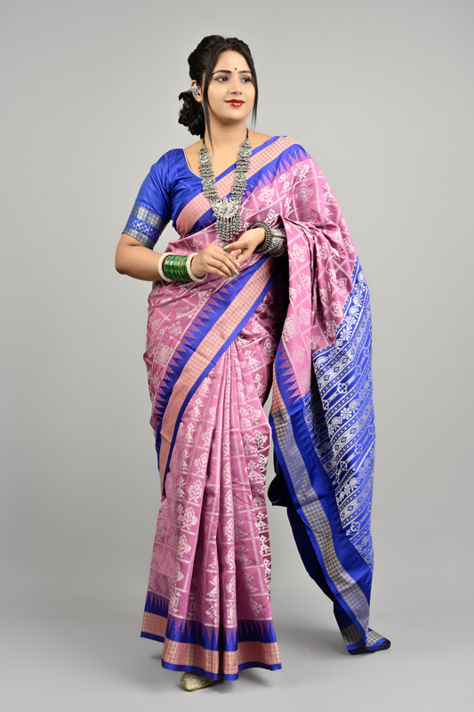 Sijileen Woven, Temple Border Sambalpuri Silk Blend Saree(Pink)