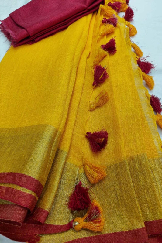 Aamir Fashion Textile Solid/Plain, Striped Handloom Handloom Cotton Linen Saree(Mustard)