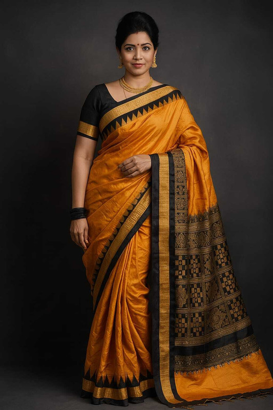 Sijileen Temple Border, Solid/Plain Sambalpuri Silk Blend Saree(Gold)