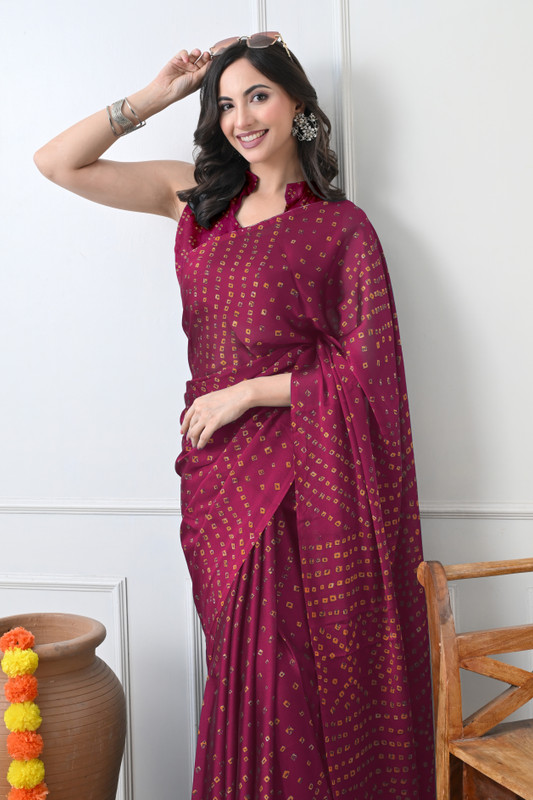 MIRCHI FASHION Printed, Blocked Printed Bandhani Chiffon, Georgette Saree(Pink, Yellow)