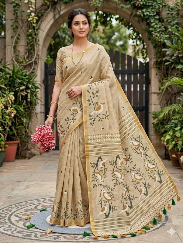 Minu Fashion Printed Daily Wear Pure Cotton Saree(Cream)