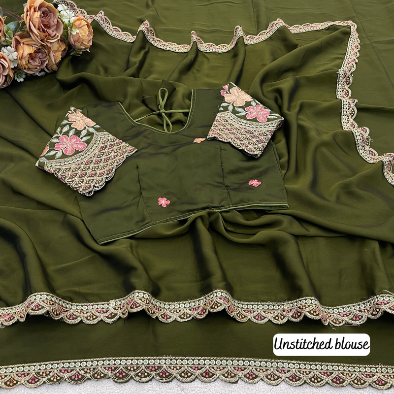K 5 FASHION Self Design, Embroidered, Floral Print Bollywood Chiffon Saree(Green)