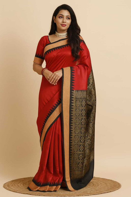 MA FASHION Temple Border Sambalpuri Art Silk Saree(Red)
